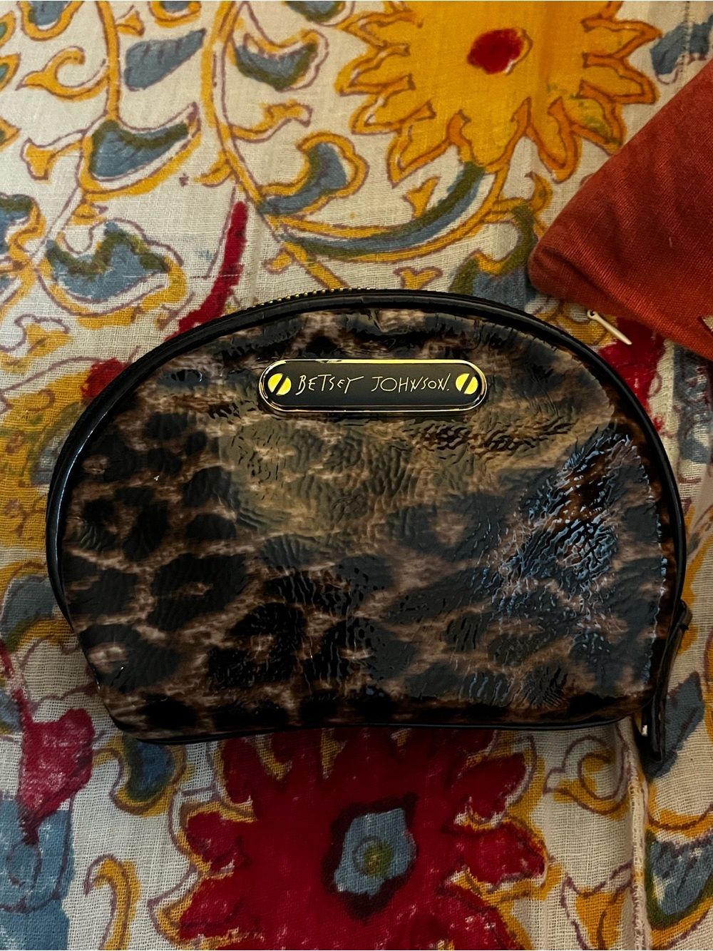 Betsey Johnson Brown Leopard Patent Cosmetic Bag